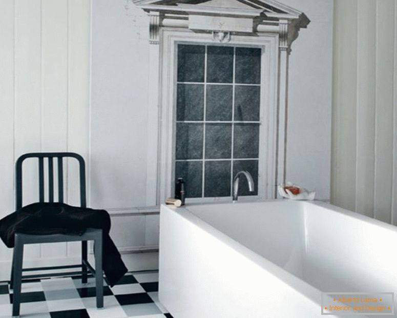 black-and-white-traditional-interior-une baignoireroom-design-white-corian-square-une baignoiretub-black-and-white-floor-tile-vintage-plastic-stool-white-wood-frame-window-black-and-white-une baignoireroom-ideas-interior-une baignoire