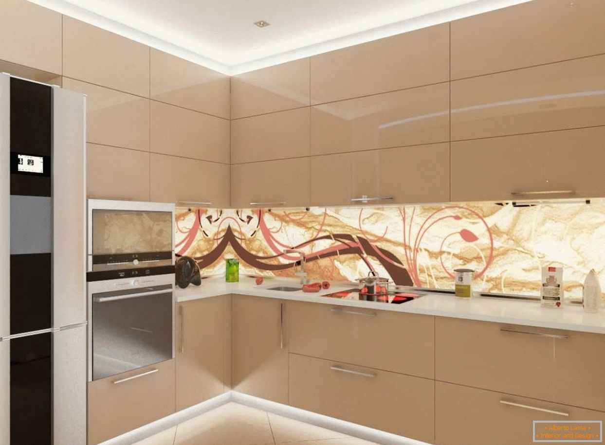 Plafond с подсветкой на кухне с мебелью цвета капучино
