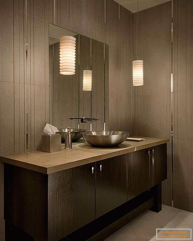 salle de bains-image-chaude-de-beige-salle-de-bain-décoration-utilisant-blanc-cylindre-ruche-salle de bain-pendentif-lampe-ombre-y compris-gris-clair-carrelage-salle de bain-mur-et-rond-acier inoxydable salle-de-bain-lavabo-entra