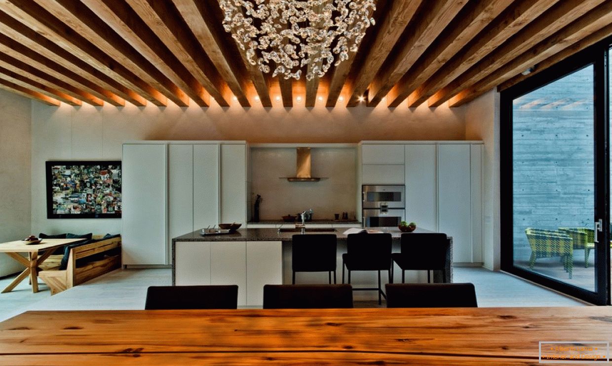 Éclairage LED sur un plafond en bois