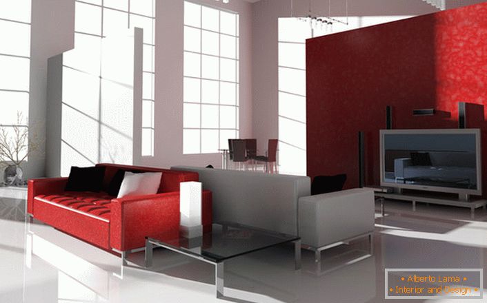 La couleur écarlate contrastée dans le style high-tech est intéressante et recherchée. Le canapé rouge vif sur les pieds chromés est idéal pour décorer un intérieur moderne.