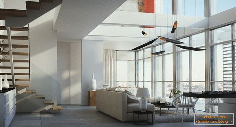 Grandes fenêtres - l'une des caractéristiques de conception d'un appartement à deux niveaux
