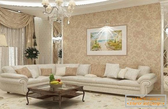 Design classique du salon dans une maison privée aux couleurs blanc et beige