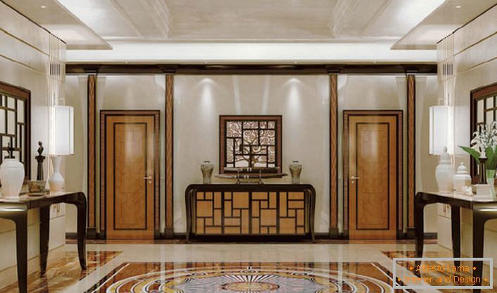 Décoration luxueuse de la salle dans le style de l'art déco avec des notes de classiques. Un intérieur élégant et raffiné sans excès de détails décoratifs semble cher et prétentieux.