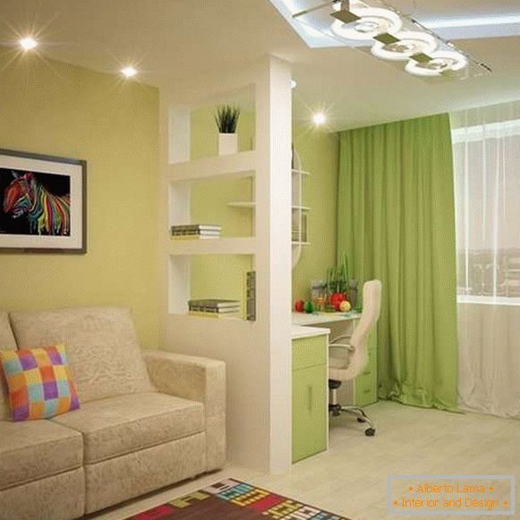 Le design intérieur de l'appartement est de 40 m² avec des couleurs vives