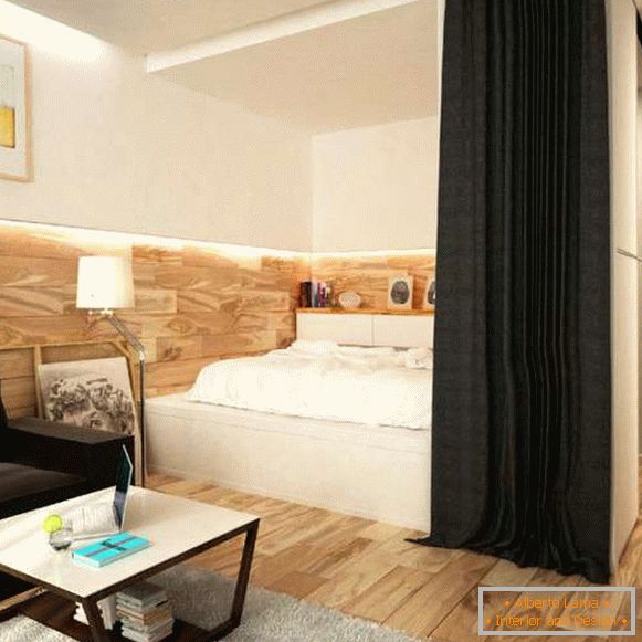 Design d'intérieur d'un petit appartement - séparation de la chambre avec des rideaux