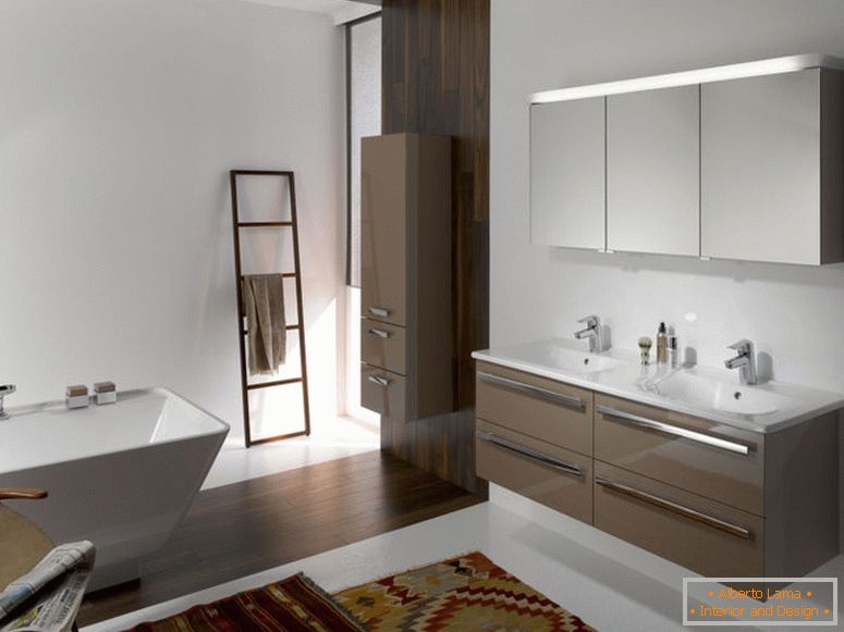 séduisant-moderne-salle de bains-design-idées-accessoires-intérieur-avec-brun-flottant-vanité-armoire-le-long-deux-blanc-lavabo-également-chrome-robinet-plus-mur-rectangle-miroir-également- blanc-debout-b