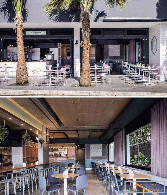 Café design moderne de style loft et couleurs pastel