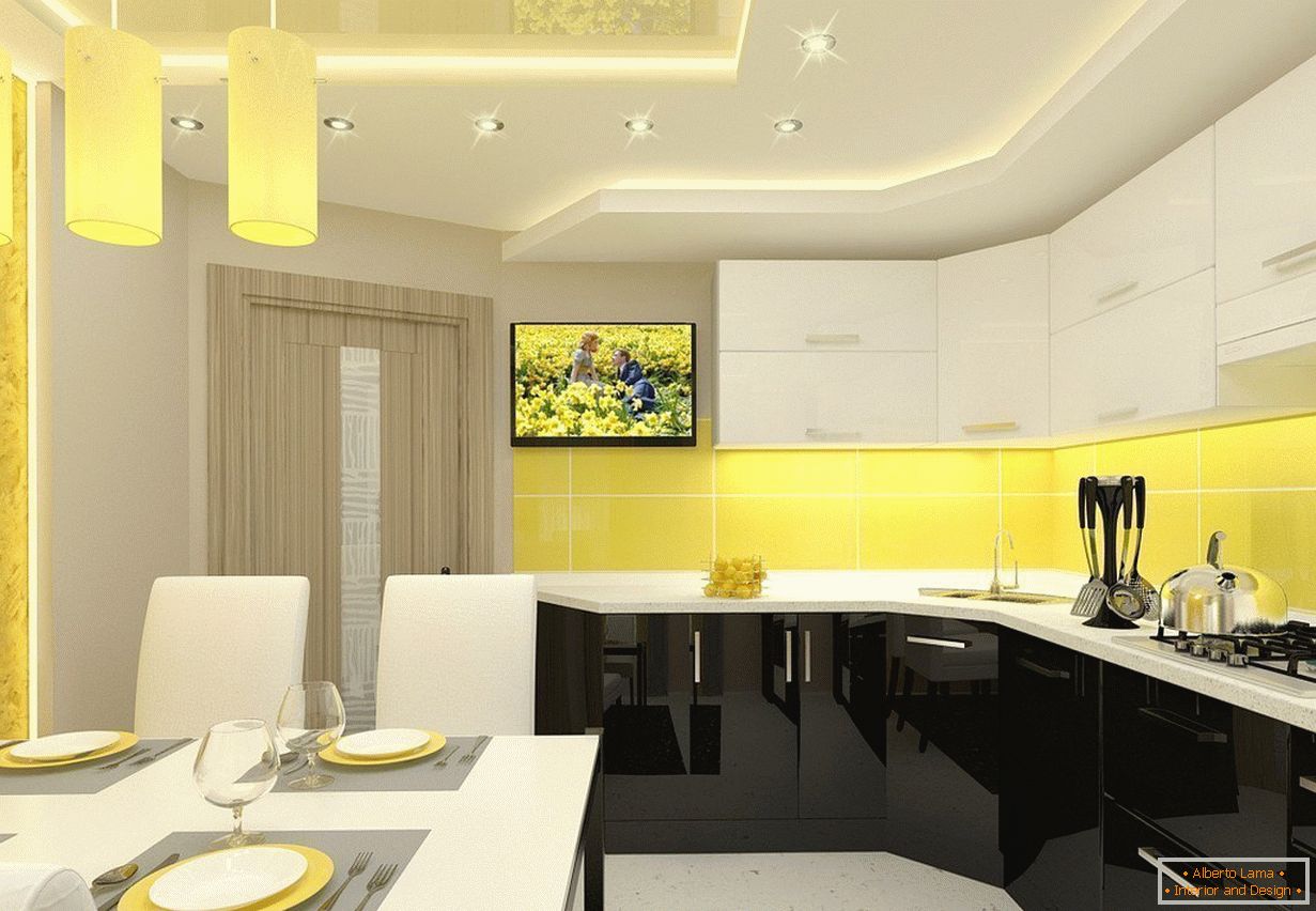 Intérieur de cuisine jaune-blanc dans l'appartement