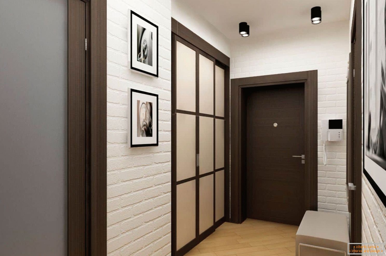 Design d'intérieur d'un petit couloir avec une armoire et un pouf