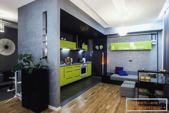 Design d'intérieur d'un appartement d'une pièce avec une cuisine combinée