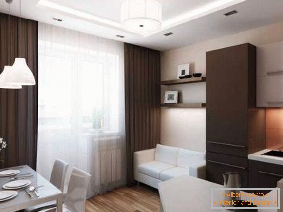 Conception d'un petit appartement d'une pièce: une cuisine dans le hall et une chambre séparée