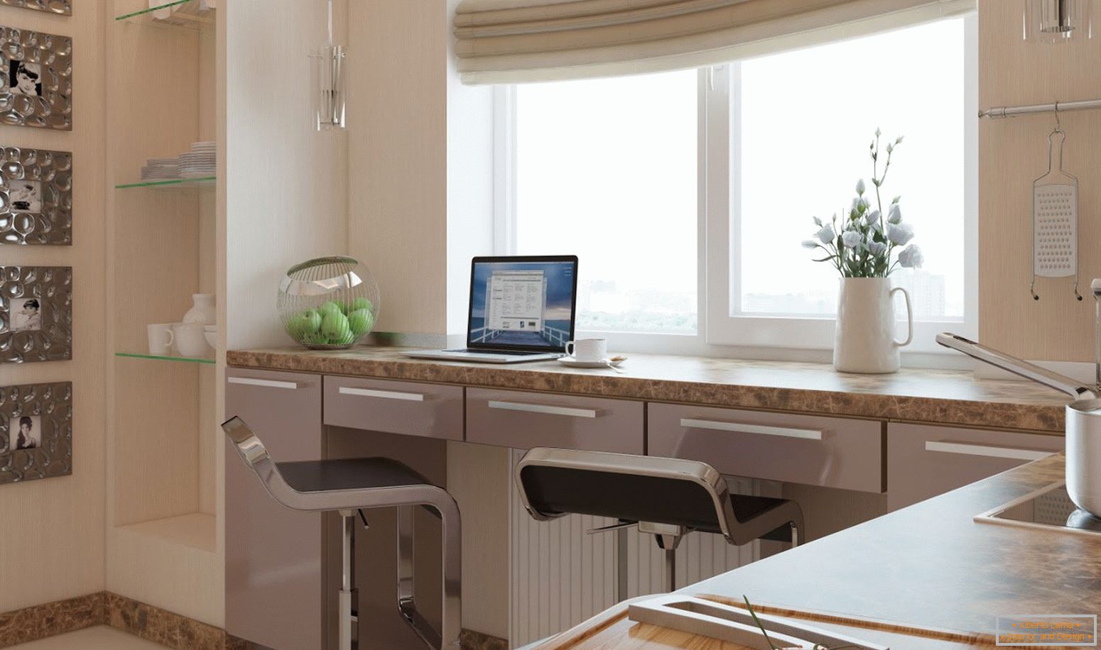 Espace de travail dans la cuisine, combiné avec un rebord de fenêtre
