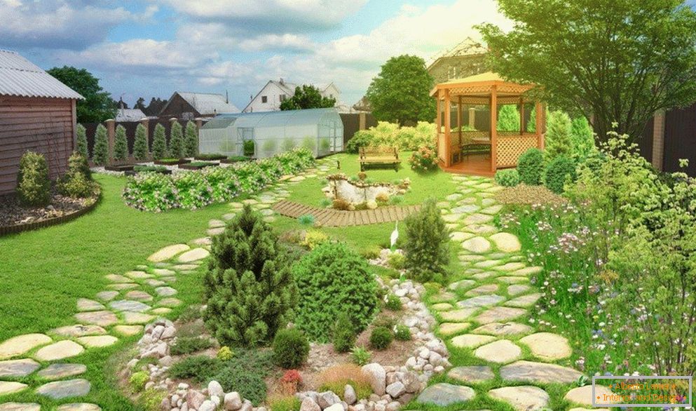 Jardin avec pergola et chemins en pierre