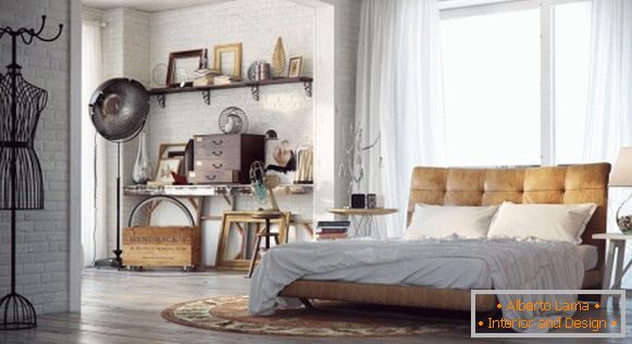 Chambre vintage avec lit en cuir