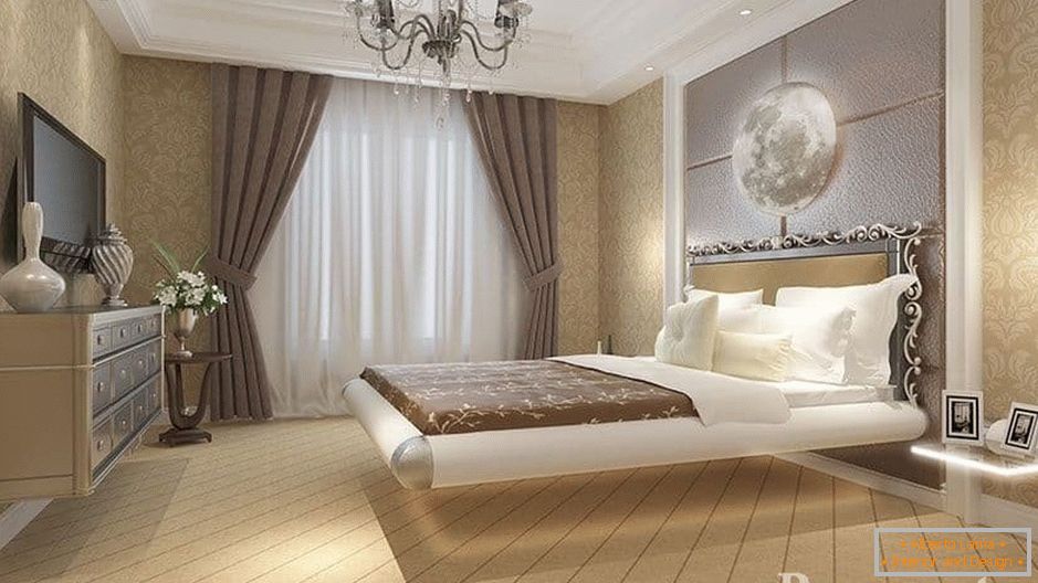 Un lit flottant au-dessus de la chambre dans une chambre de style classique