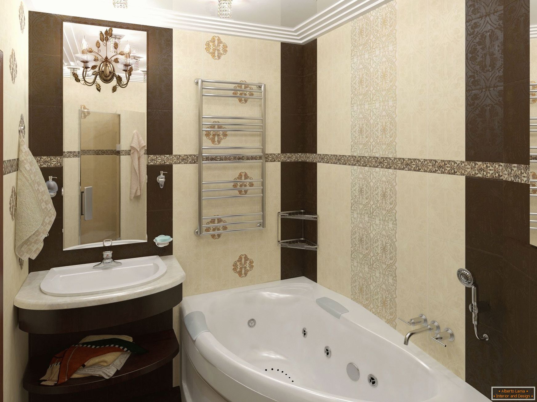 Design d'une salle de bain étroite aux couleurs chocolat beige