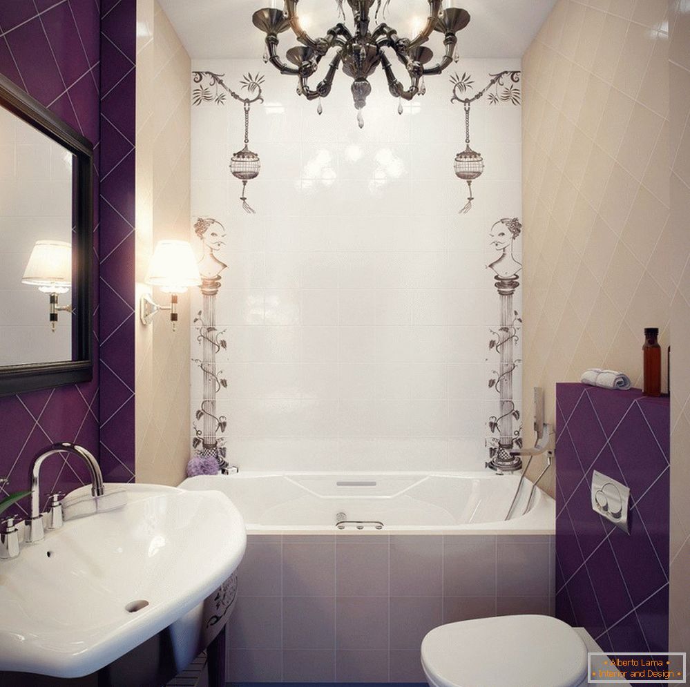 Finition d'une salle de bain étroite avec des carreaux violets