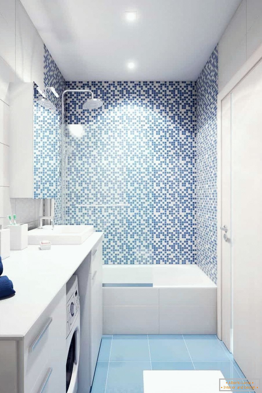 Salle de bain blanc-bleu dans la maison de panneau