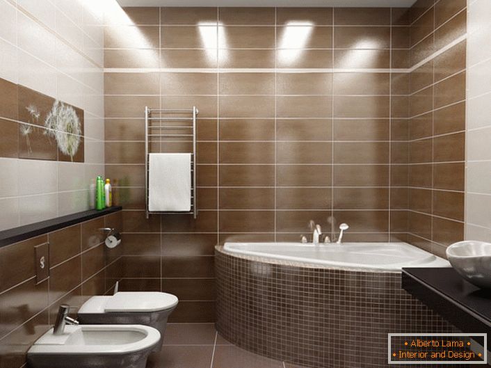 Pour le décor de la salle de bain dans un style moderne, un panneau avec un pissenlit a été utilisé. Détail intérieur facile et simple dans un style moderne. 
