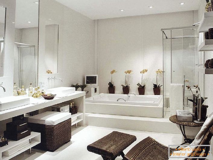 Salle de bain luxueuse dans le style Art Nouveau. Malgré la quadrature suffisante, le mobilier de la salle de bain est choisi spacieux et fonctionnel. 