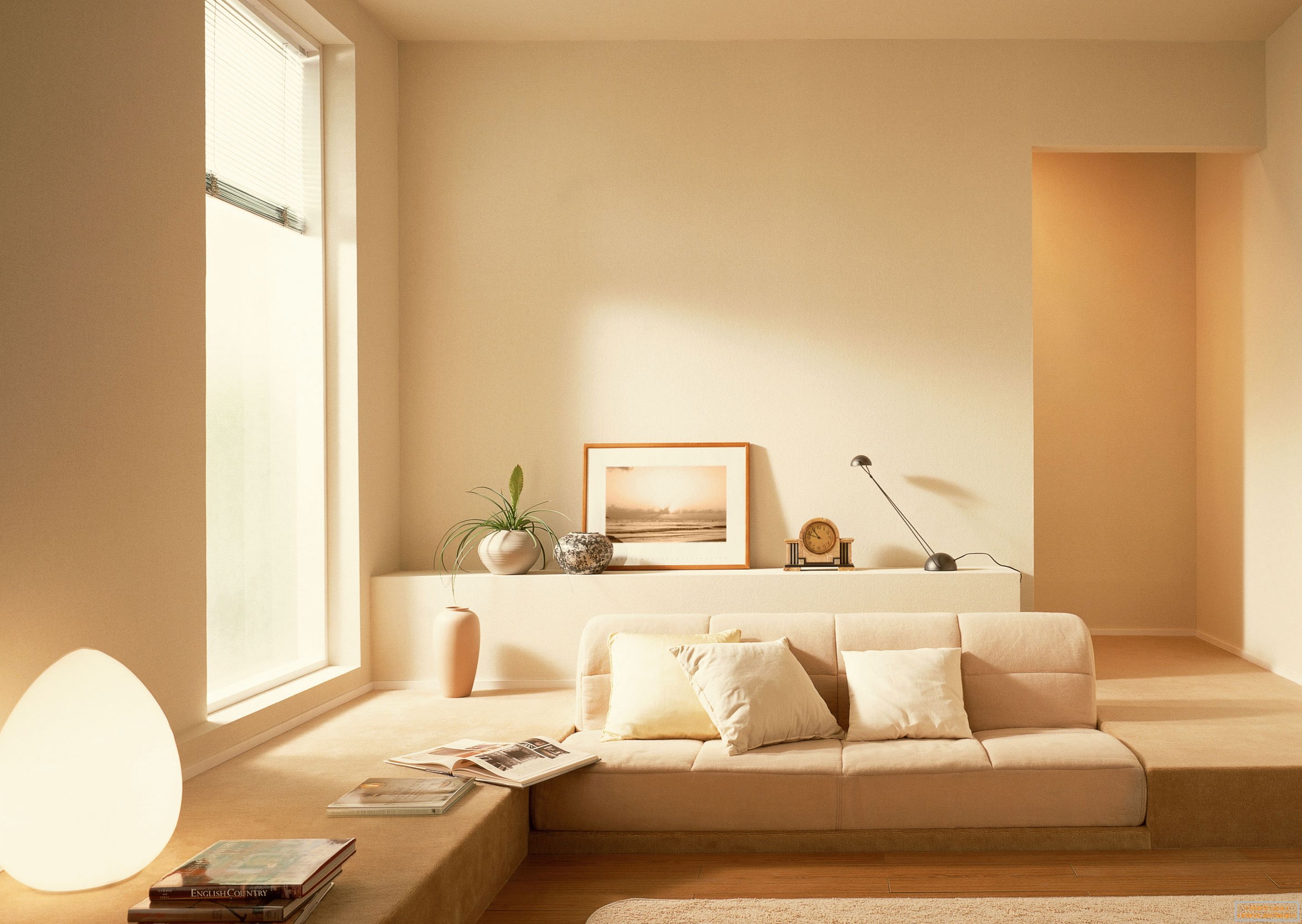 Conformément au style du minimalisme, une teinte beige calme a été utilisée pour organiser l'intérieur du salon.