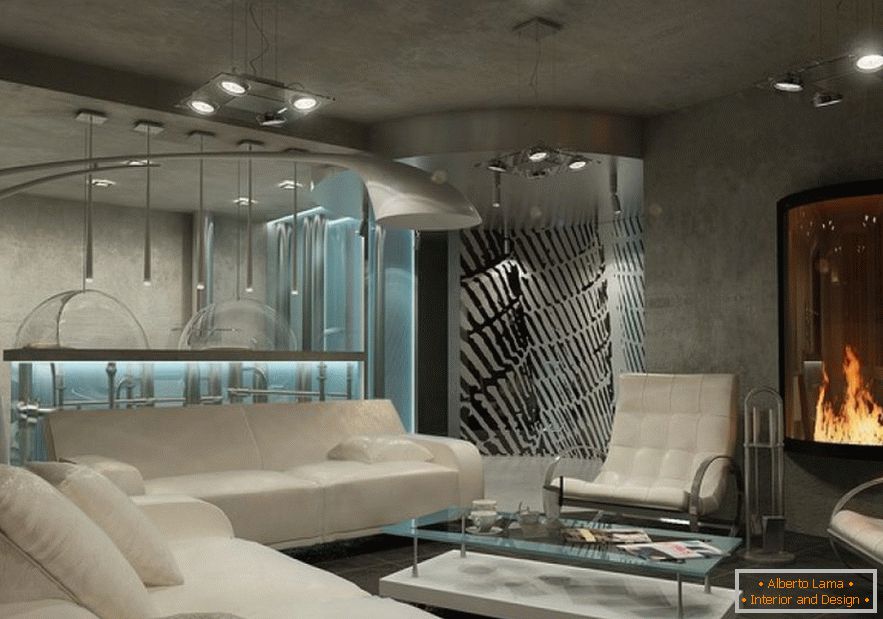 Salon de style high-tech avec foyer électrique