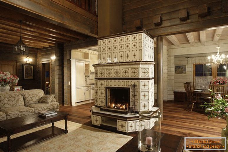 Salon avec cheminée de style carrelé