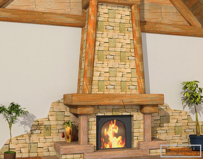 Projet de cheminée moderne rustique dans une maison en rondins. Face à une pierre naturelle locale.