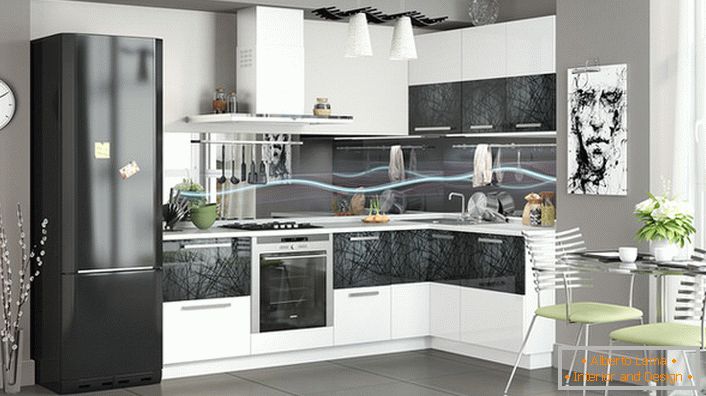 La cuisine moderne est décorée avec une cuisine modulaire. Le jeu de coin vous permet de gagner de la place.