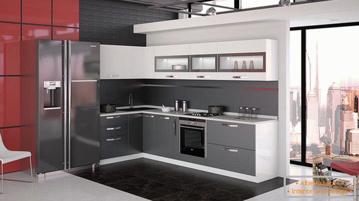 Mobilier modulable dans la cuisine dans le style de la haute technologie. Une solution réussie pour organiser l'espace cuisine. 