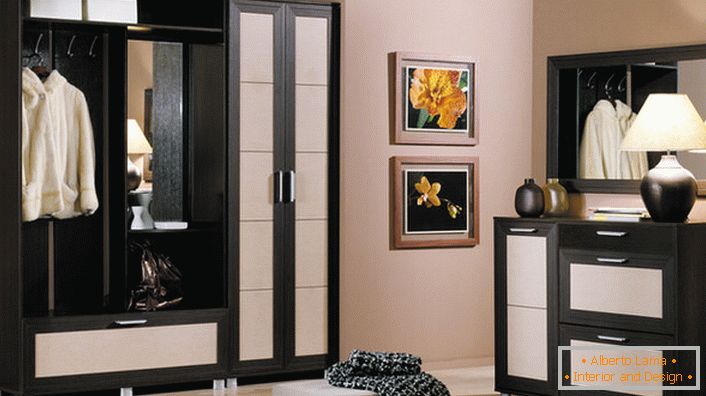 Une combinaison classique de noir et blanc pour le couloir. Le mobilier modulaire est peut-être l'option la plus pratique pour le corridor. 