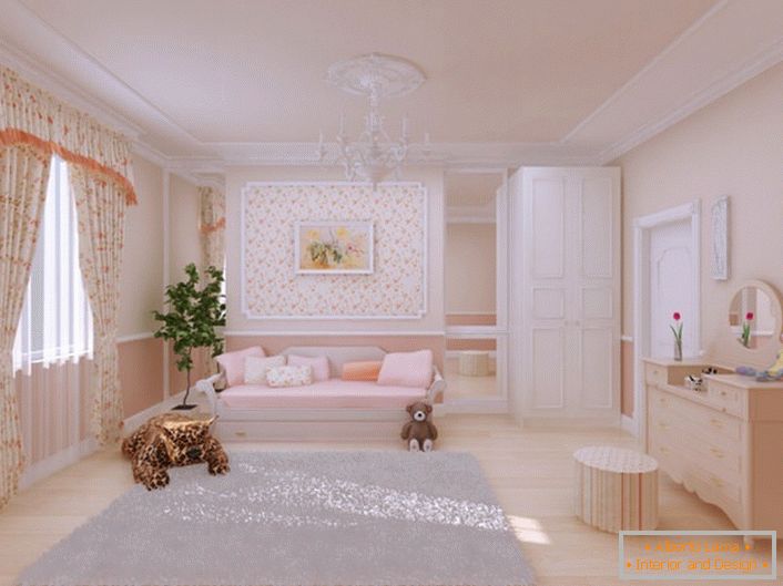 Une jolie chambre d'enfants est décorée dans un style champêtre. Pour le décor est également utilisé en stuc de polyuréthane. 