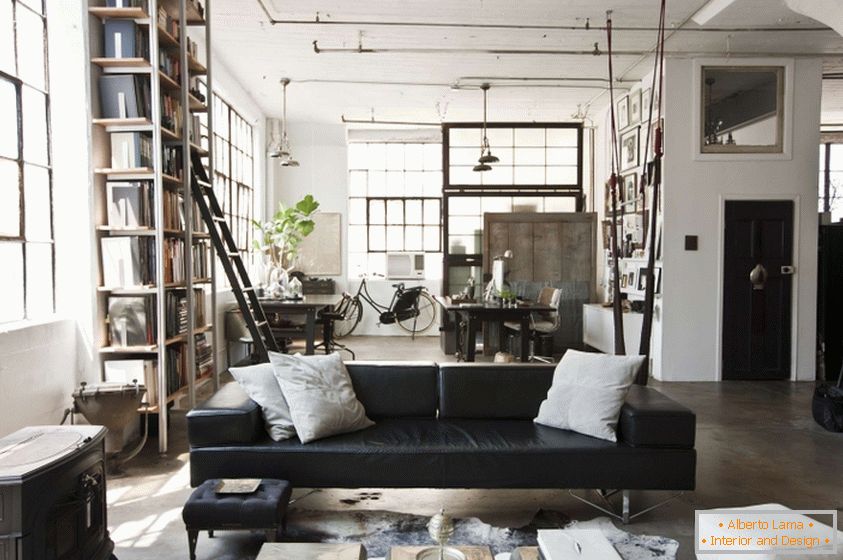 Design de salon noir et blanc de style loft