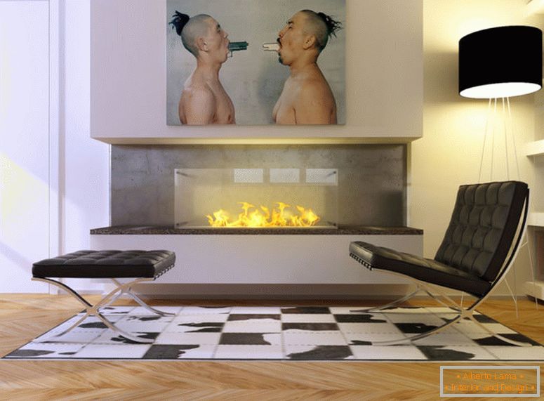salon avec cheminée intégrée dans le style minimaliste
