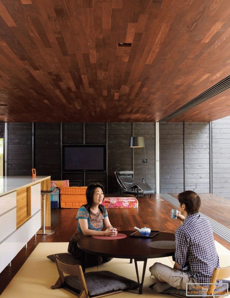 moderne-japonais-salon-meubles-ensembles-avec-sombre-bois-café-impressionnant-salle à manger-design-idées-cuisine-espace-table-et-zone-tapis plafond-design-génial-japon intérieur design d'intérieur -design-colleges-bl