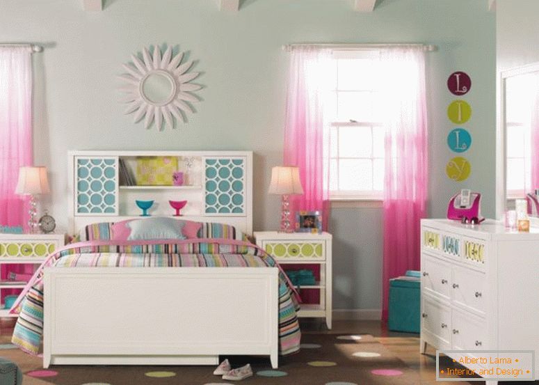 mode-blanc-peinture-bois-ikea-chambre-meubles-avec-pleine-taille-bibliothèque-tête de lit-en utilisant-coloré-rayures-motif-thème-literie-pour-l'inspirant-teen-girl-chambre-décoration- 1120x799