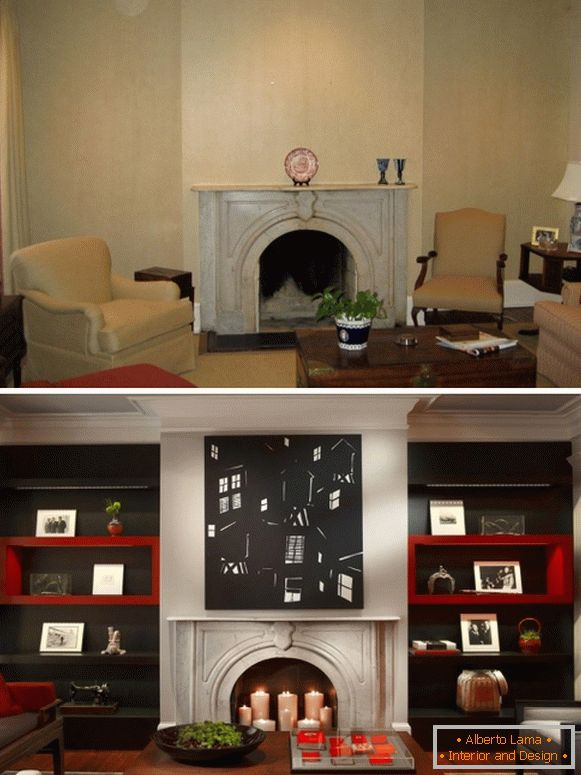 Design du salon avec cheminée avant et après