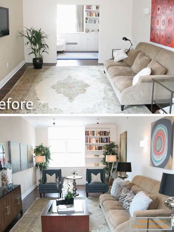 Photo du salon dans une maison privée avant et après