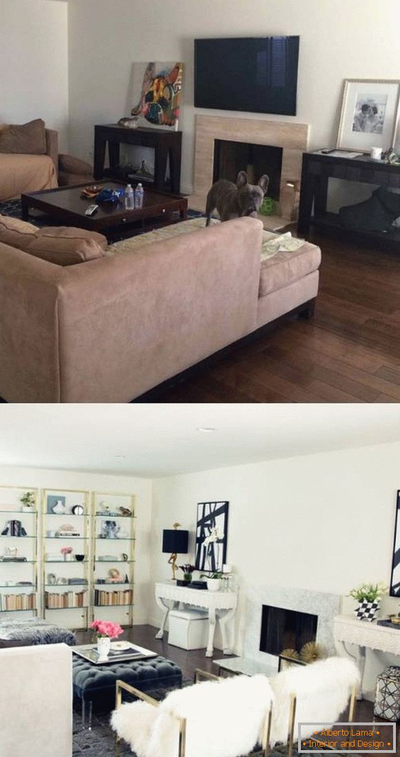 Intérieurs du salon d'une maison privée avant et après