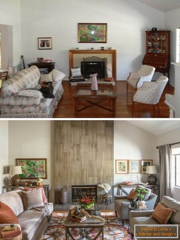 Salon confortable avec cheminée photo design d'intérieur avant et après