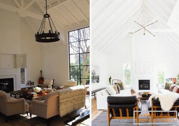 Nouveau design d'intérieur d'une maison privée: un salon avant et après