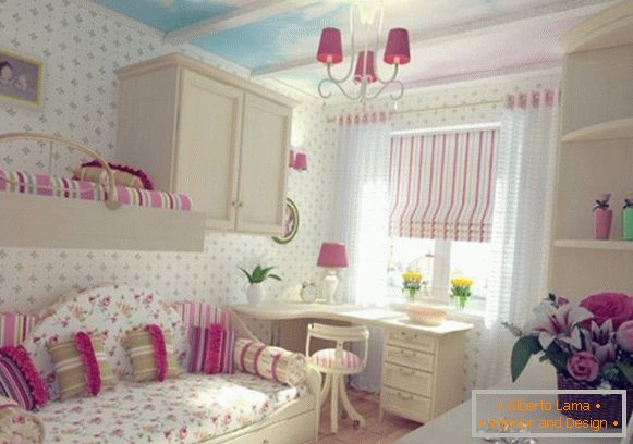 intérieur avec papier peint blanc et ciel bleu pour une chambre d'enfants pour deux filles