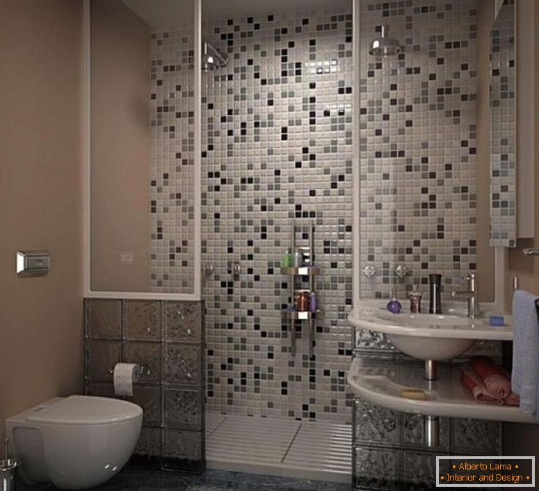 Idées étonnantes-modernes-petites-salle de bains-idées-avec-gris-mosaïque-carrelage-ouvert-douche-mur-idées-design