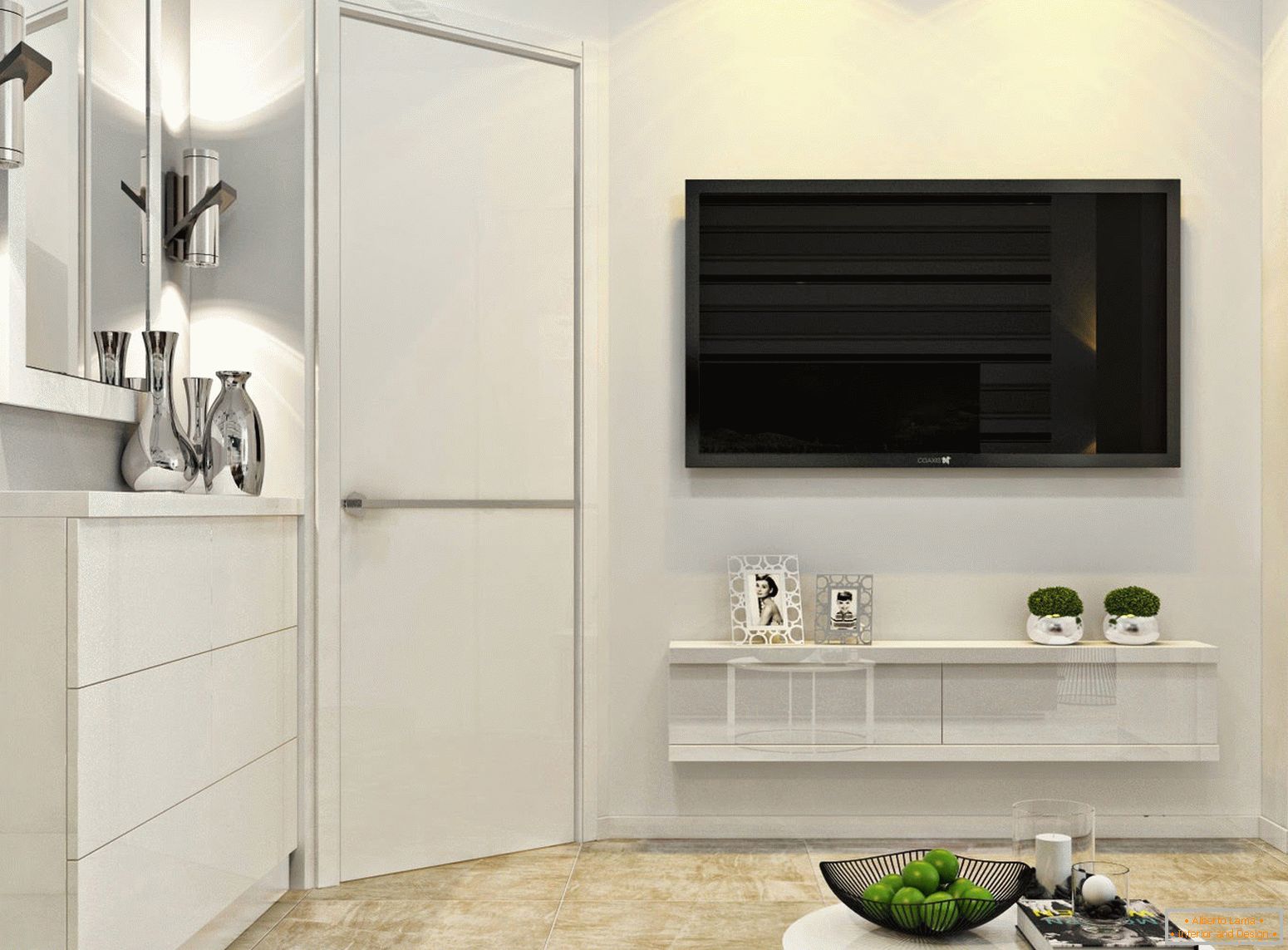 TV sur le mur à l'intérieur du minimalisme blanc