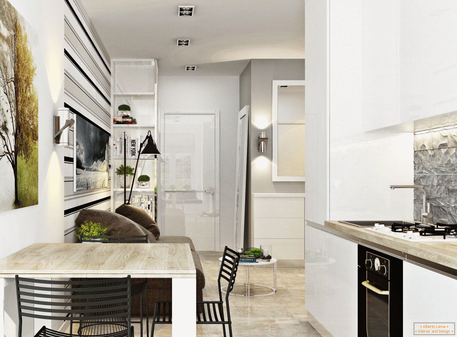 Intérieur de la cuisine et de la salle à manger dans le style du minimalisme blanc