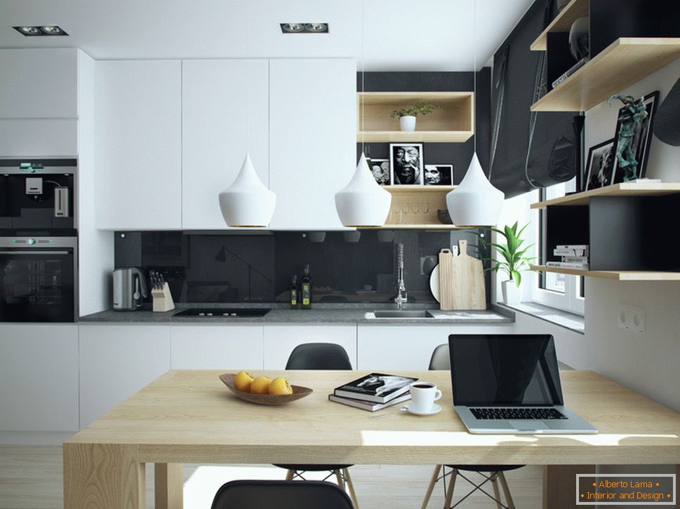 Intérieur d'un petit appartement aux couleurs contrastées - кухня
