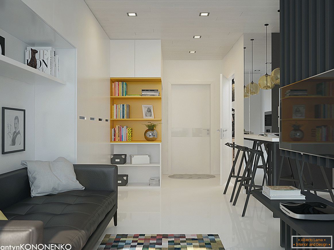 Intérieur d'un petit appartement aux couleurs contrastées - гостиная