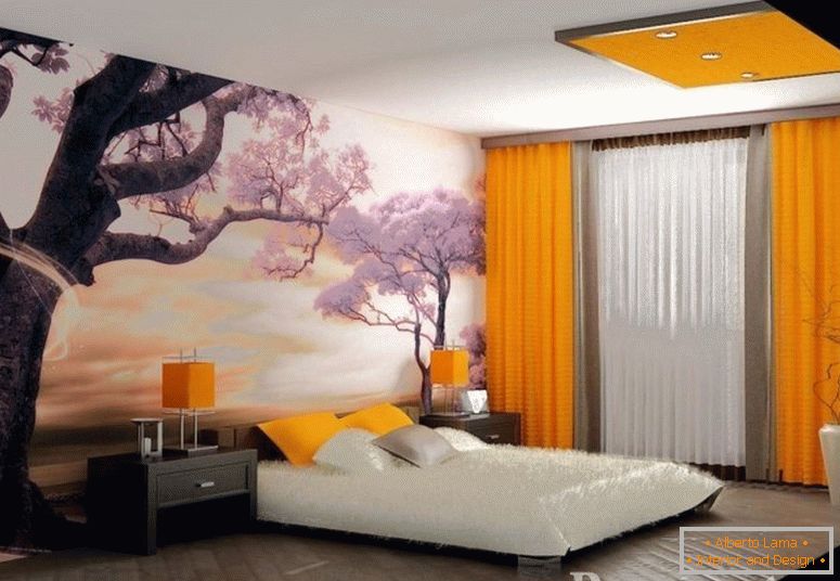 Papiers peints photo avec sakura et rideaux orange dans la chambre