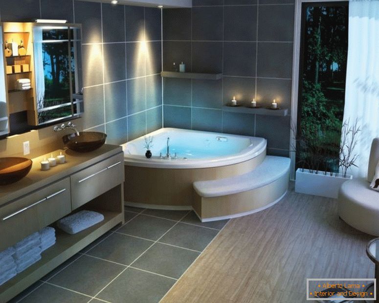 incroyable-décoration-idées-pour-excitant-salles de bains-inspirant-concepteur-intérieur-post-moderne-étonnante-blanc-acrylique-coin-baignoires-près-beau-blanc-tissu-rideaux coulissants-fenêtres-comme bien comme bathro